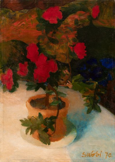 Olev Subbi "Väga punane lill" (1970, tempera, õli, lõuend, 42 x 30,5 cm). Alghind 3500, haamrihind 35 500 eurot.