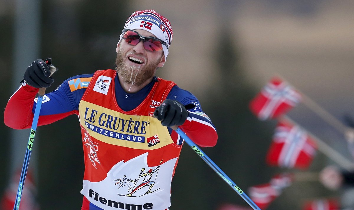 Sundby climbs during the men's FIS Tour De Ski World Cup cross-country skiing 9km final climb pursuit free race on the Alpe Cermis