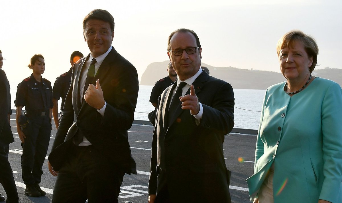 Renzi, Hollande ja Merkel kohtusid Itaalia lennukikandjal Garibaldi.