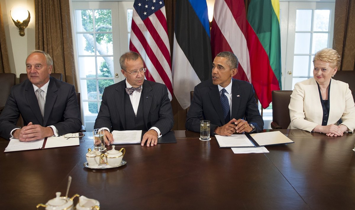 US President Barack Obama meeting with Latvian President Andris Berzins, Estonian President Toomas Hendrik Ilves and Lithuania's President Dalia Grybauskaite in 2013 at the White House