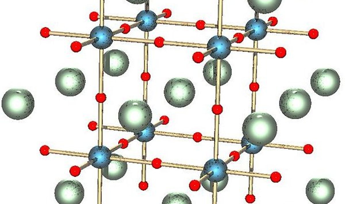 Strontsiumtitanaadi kristallvõre. Hallilt on tähistatud Sr2+ katioonid, siniselt Ti4+ katioonid ning punaselt hapniku aatomid.