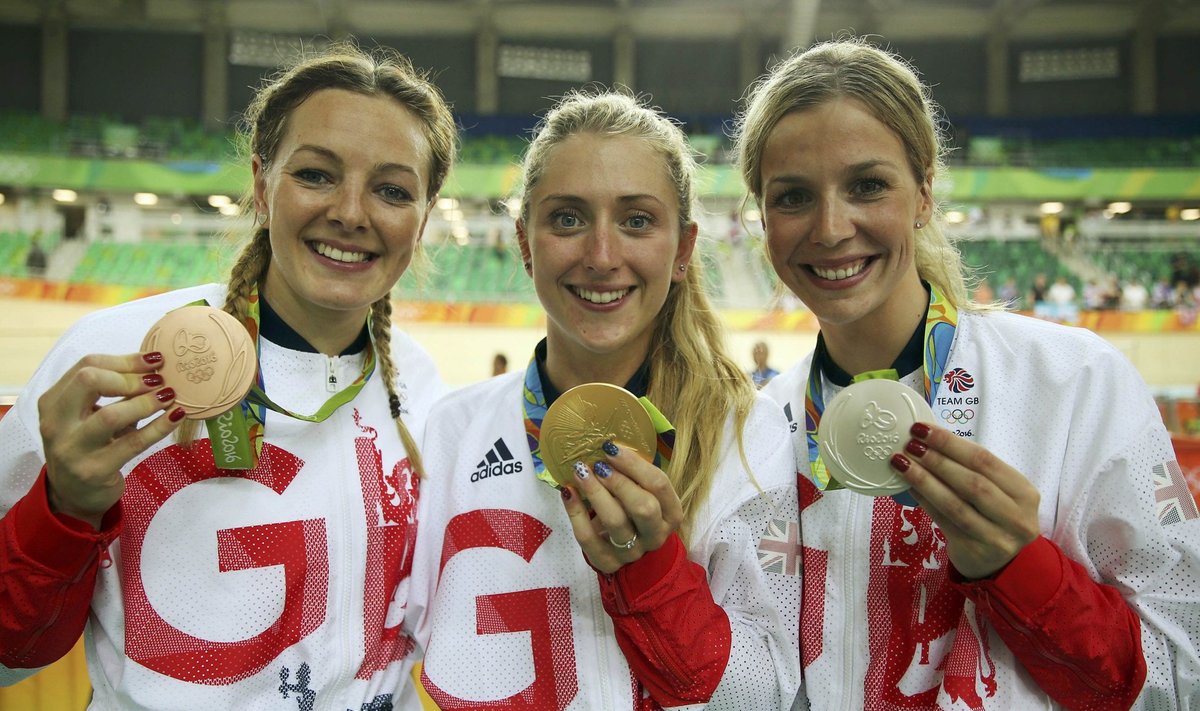 Briti medaliratturid (vasakult) Katy Marchant, Laura Trott ja Rebecca James