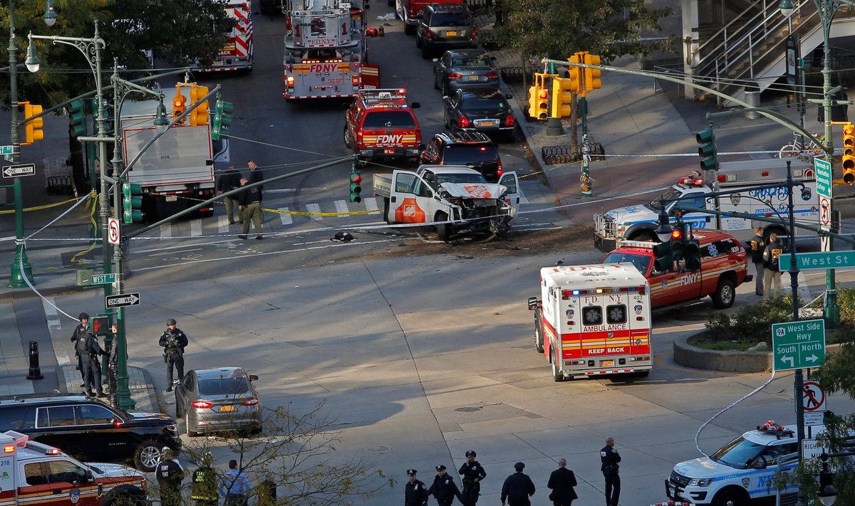 Emergency crews attend the scene of an alleged shooting incident on West Street in Manhattan, New York.