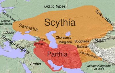 Sküütide alad (oranž) umbes esimesel sajandil eKr. 