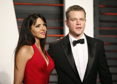 Actor Matt Damon and his wife Luciana Barroso arrive at the Vanity Fair Oscar Party in Beverly Hills