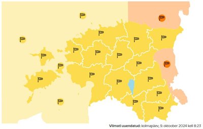 9. oktoobril on Lääne-Eesti saartel kagutuul puhanguti 15–20 m/s, päeval kagutuul tugevneb mandri sisealadel puhanguti 15–17, saartel ja rannikul 23–25 meetrini sekundis.