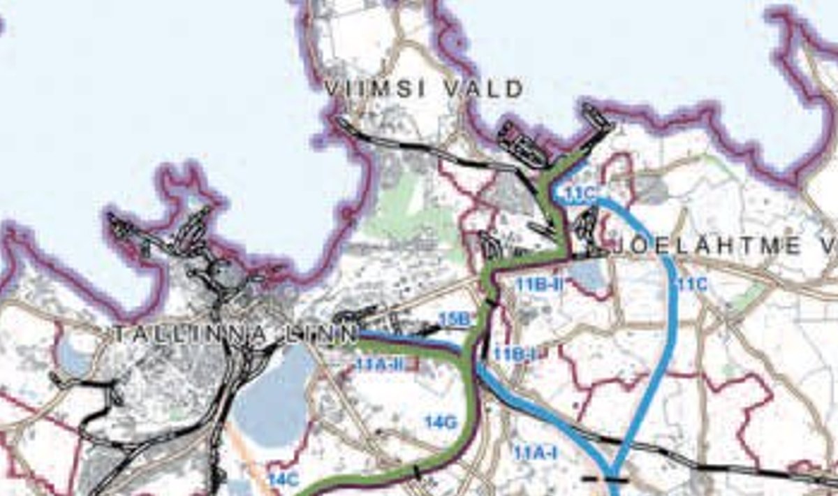 Kaardil on läänetrass märgitud lilla, idatrass sinise joonega.