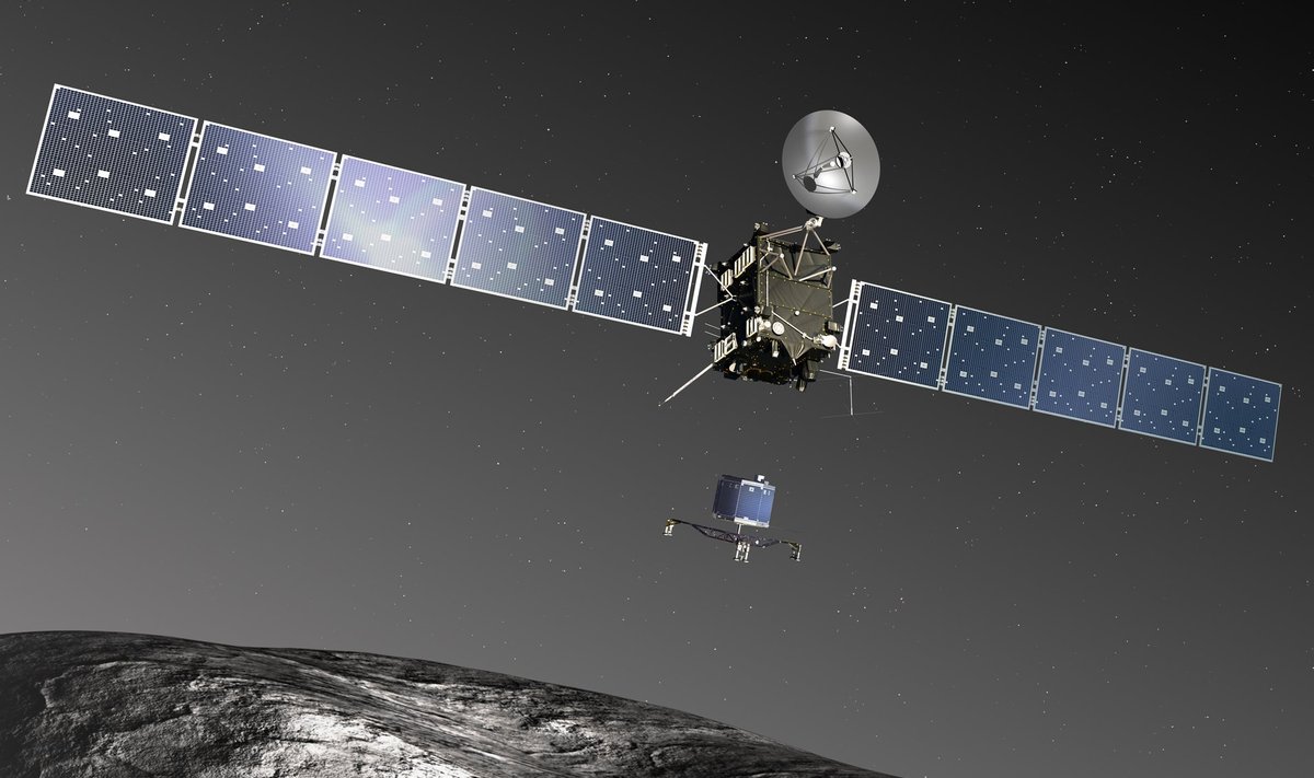 Kunstniku joonistus, kuidas Rosetta kosmosesondilt laskub alla komeedile 67P Philae maandur
