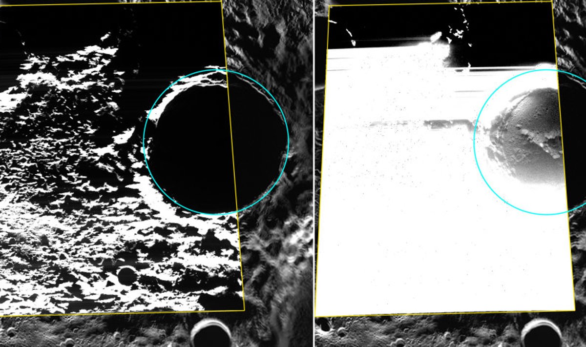 Ligikaudu 60 -kilomeetrise läbimõõduga Kandinsky kraater asub Merkuuri põhjapooluse ligidal. Messengeri fotode kinnitusel on kraatri põhjas jääkiht. Foto: NASA/JHU/Carnegie