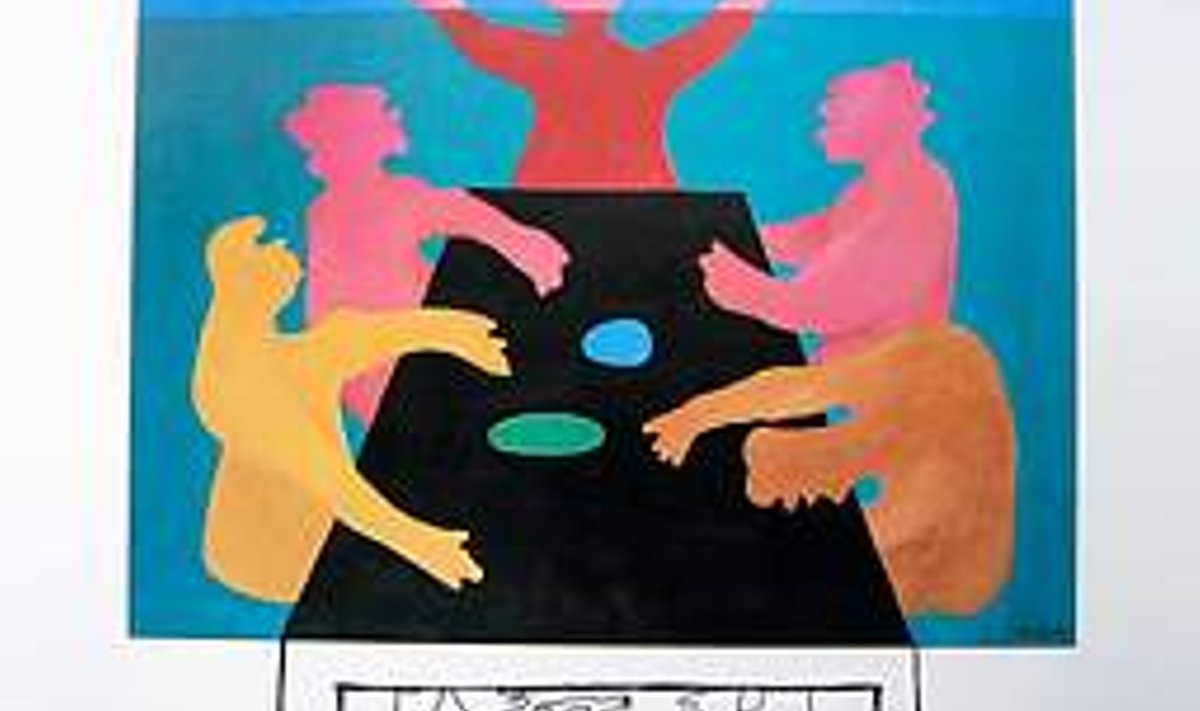 MAALITUD AJALUKKU: Jüri Arraku KuKust inspireeritud maal “Laudkond” (1970) koos käesoleva artikli illustreerimise tarvis tehtud täiendustega. Heinz Valgu fotokogu
