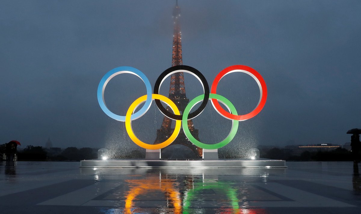 Olympic rings to celebrate the IOC official announcement that Paris won the 2024 Olynpic bid are seen during a ceremony at the Trocadero square in Paris