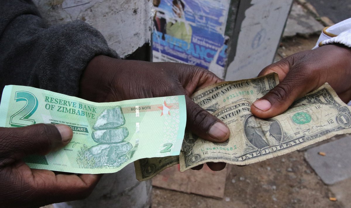 Zimbabwe võlakirjaraha ja kortsunud USA dollarid