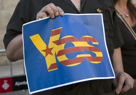 Catalunya's separatist supporters hold a sign supporting Scotland's independence as they wave Esteladas (Catalan separatist flags) at Sant Jaume square in Barcelona