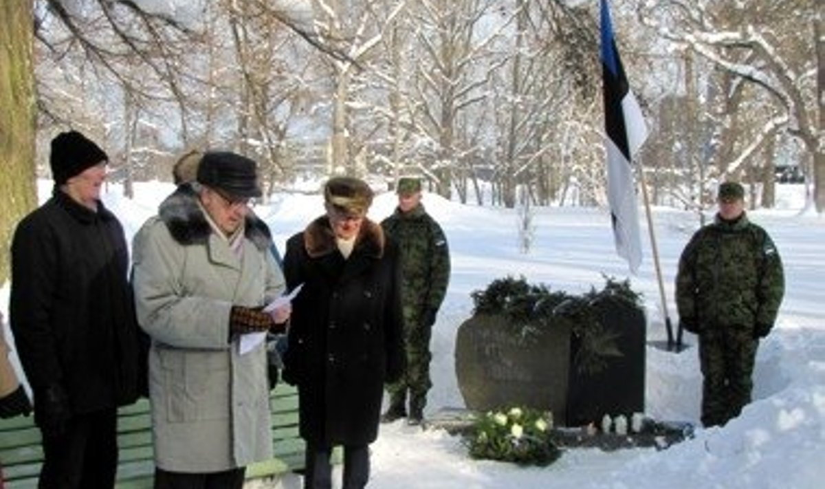 Vabadusvõitlejate ühingu piirkonnavanem Arvi Aasma 24. veebruaril 2010 Saku mõisapargis mälestuskivi juures kõnet pidamas.