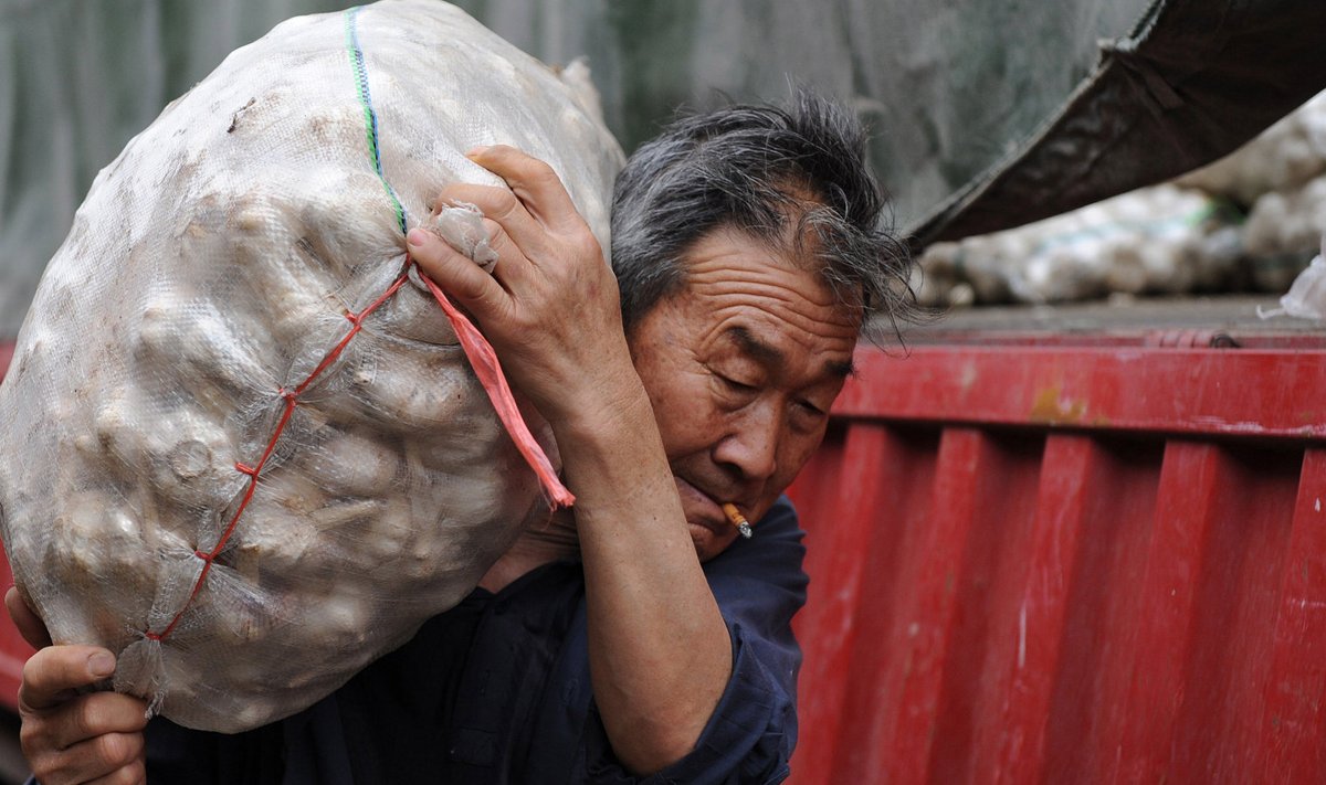 Hiina mees tassib küüslaugukotti Hefei linna turul. 