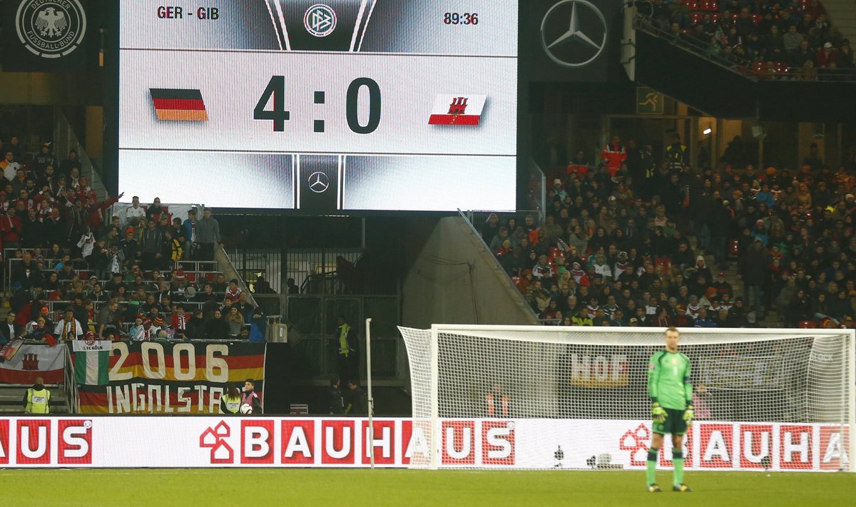 Final score between Germany and Gibraltar is displayed after Euro 2016 qualifier in Nueremberg