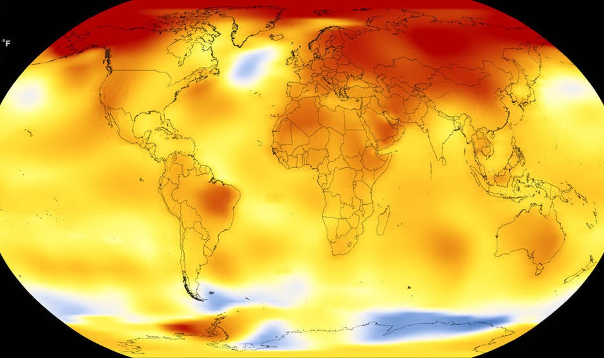 Kaardil on aastate 2013-2015 keskmist temperatuuri võrreldud aastate 1951-1980 keskmisega. Kollased, oranžid ja punased kohad näitavad, kus on keskmine temperatuur tõusnud.