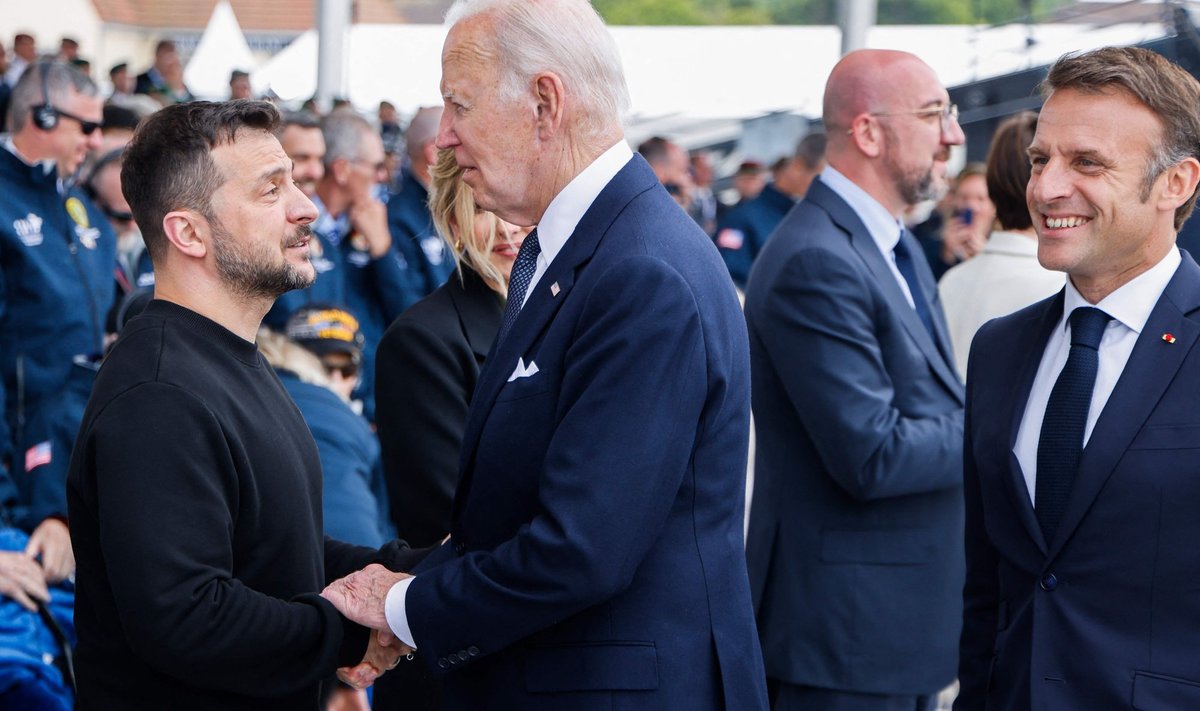 VENEMAAD EI KUTSUTUD: Volodõmõr Zelenskõi ja Joe Biden neljapäeval Prantsusmaal, kus meenutati 80 aasta eest toimunud Normandia dessanti. Paremal Prantsusmaa president Emmanuel Macron 