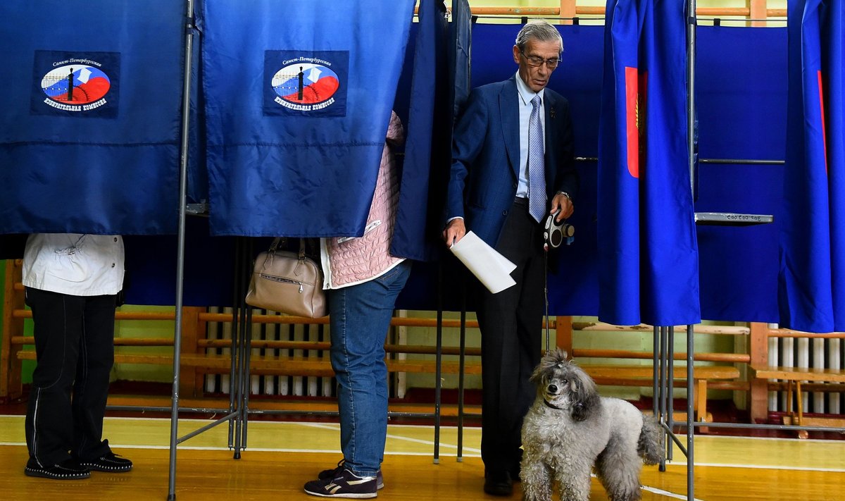 Üks Peterburi hääletaja väljus eile valimiskabiinist koos koeraga.