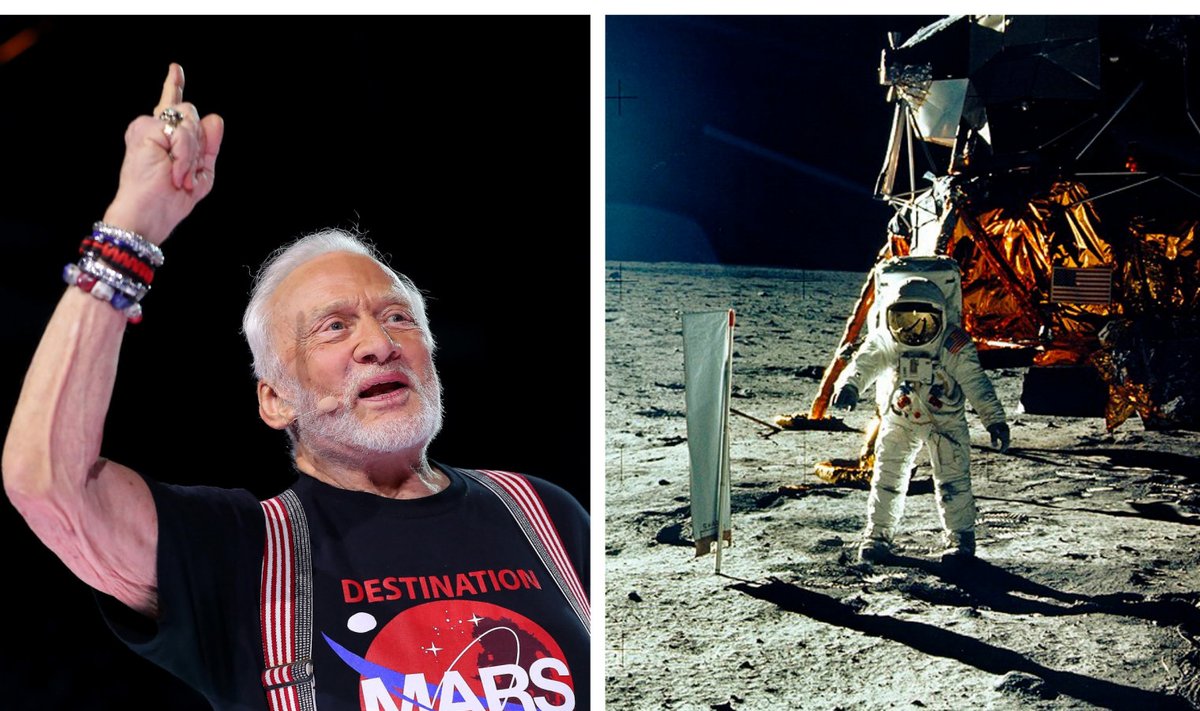 Aldrin tänapäeval ja 1969. aasta juulis Kuul. 