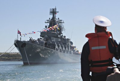 File photo of Russian missile cruiser Moskva moored in the Ukrainian Black Sea port of Sevastopol