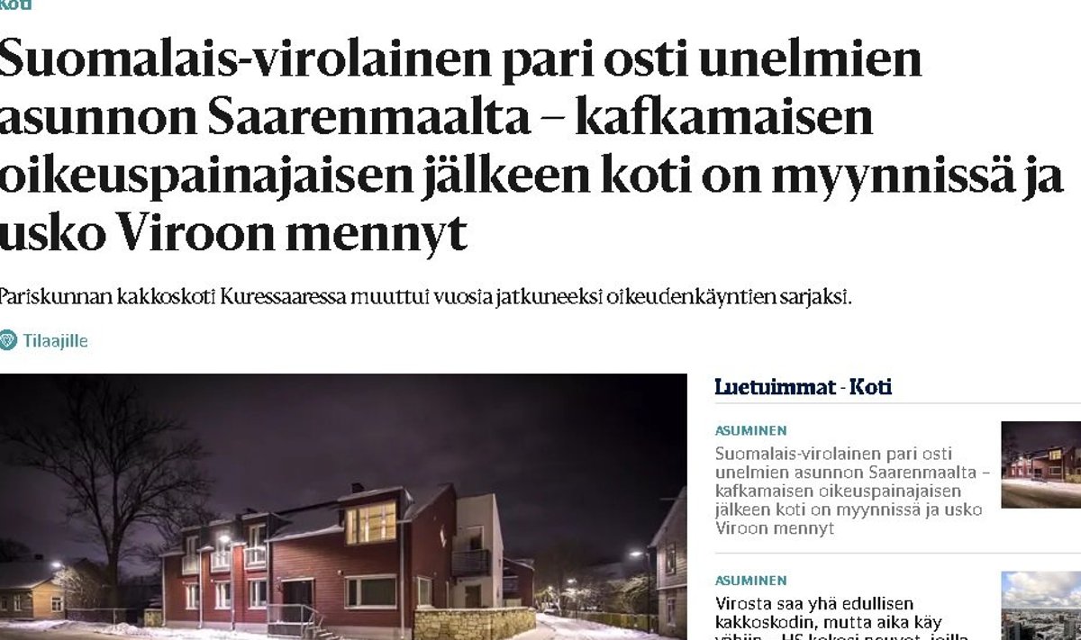 Esmaspäevases Helsingin Sanomates ilmunud lugu Kuressaare kinnisvaratülist osutus rubriigi „Kodu“ kõige loetumaks artikliks.