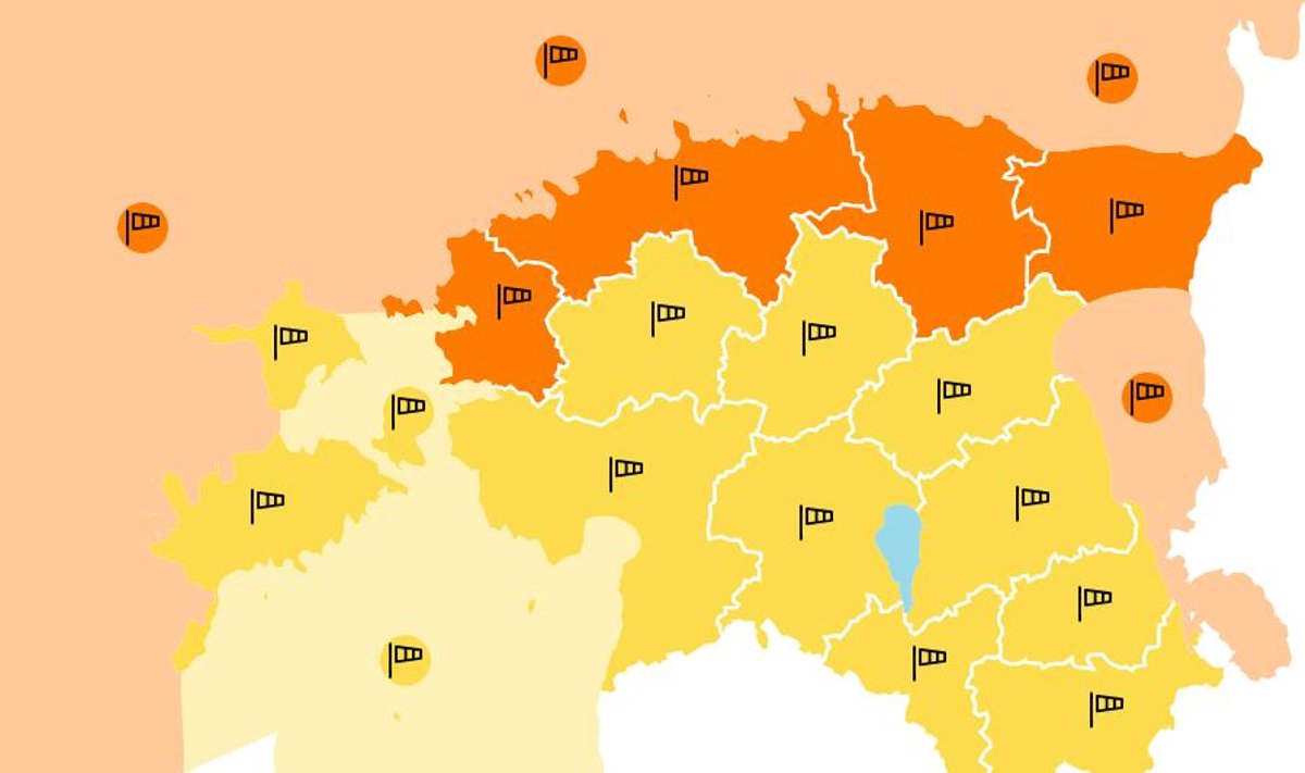 Kuvatõmmis. Keskkonnaagentuuri hoiatus 12. oktoobri õhtul. Kollane: 1. taseme hoiatus. Oranž: 2. taseme hoiatus.