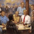 Trump riputas Valge Maja seinale maali endast koos endiste presidentidega jookide taga naljatamas