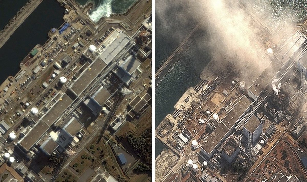 Vasakul Fukushima tuumajaam nr 1 pildistatuna 21. novembril 2004 ja paremal 14. märtsil 2011. Kolmanda reaktori plahvatuse tagajärjel tõuseb suitsu.