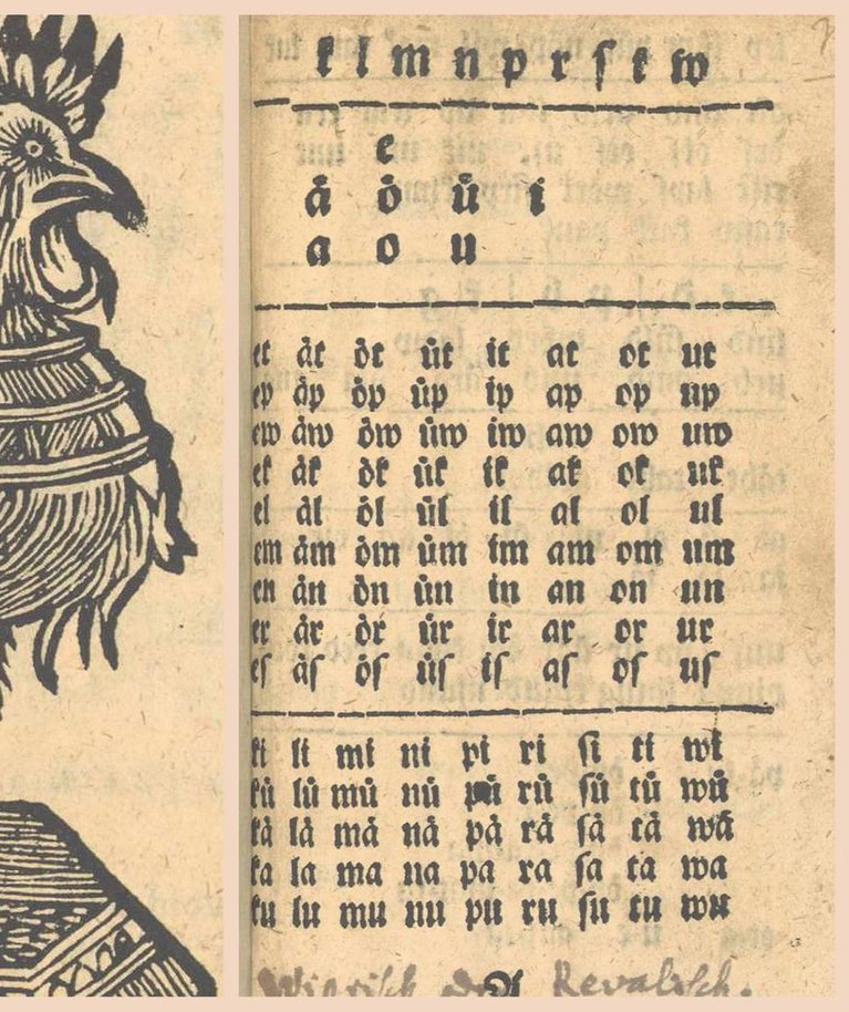 Vasakul aabitsakukk Riias 1724. aastal trükitud tartukeelsest aabitsast. Keskel aabitsakukk B. G. Forseliuse tallinnaeesti aabitsa lõpust. Paremal B. G. Forseliuse tallinnaeesti aabitsa esileht.