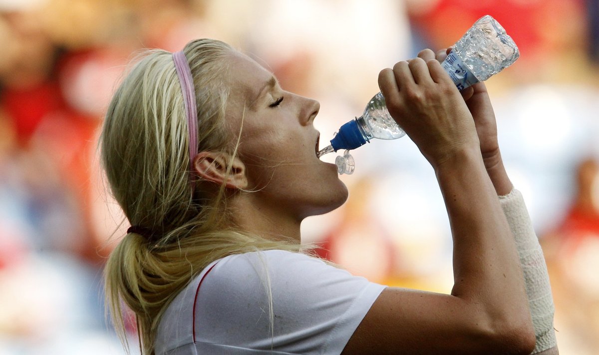 Canada's Kaylyn Kyle drinks water during their women's Group F football match against Japan at the London 2012 Olympic Games in Coventry
