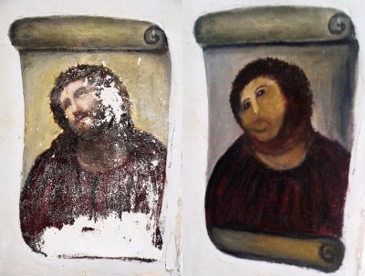 Ecce Homo enne ja pärast "taastamist".