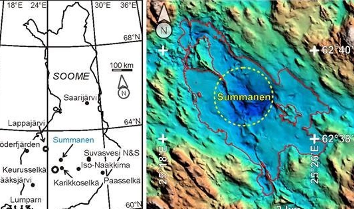 Vasakul Summaneni meteoriidikraatri asukoht Soomes koos üheteistkümne varem avastatud kraatriga. Paremal: Summaneni kraatri ümbruse batümeetriline ja reljeefkaart. 