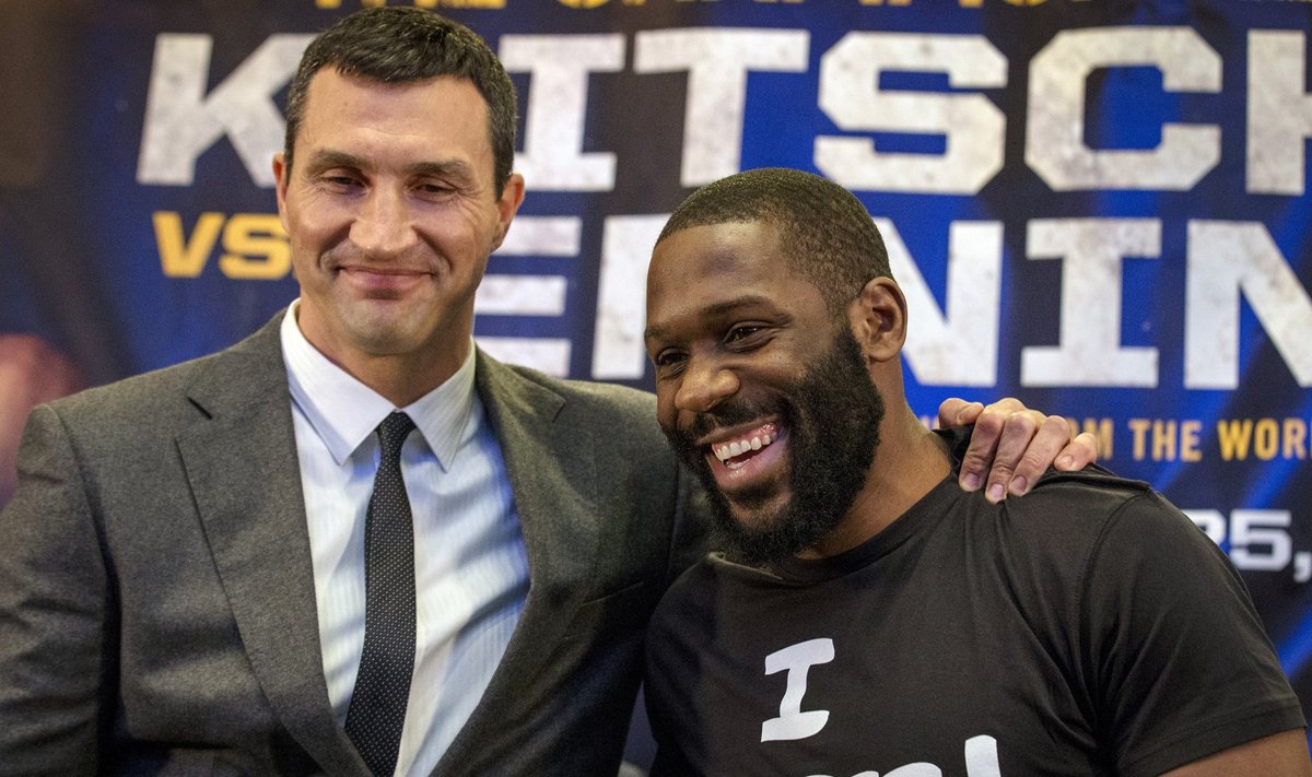 Unified Heavyweight World Champion Wladimir Klitschko (L) and challenger Bryant Jennings pose together following a news conference to announce their upcoming bout at Madison Square Garden in New York
