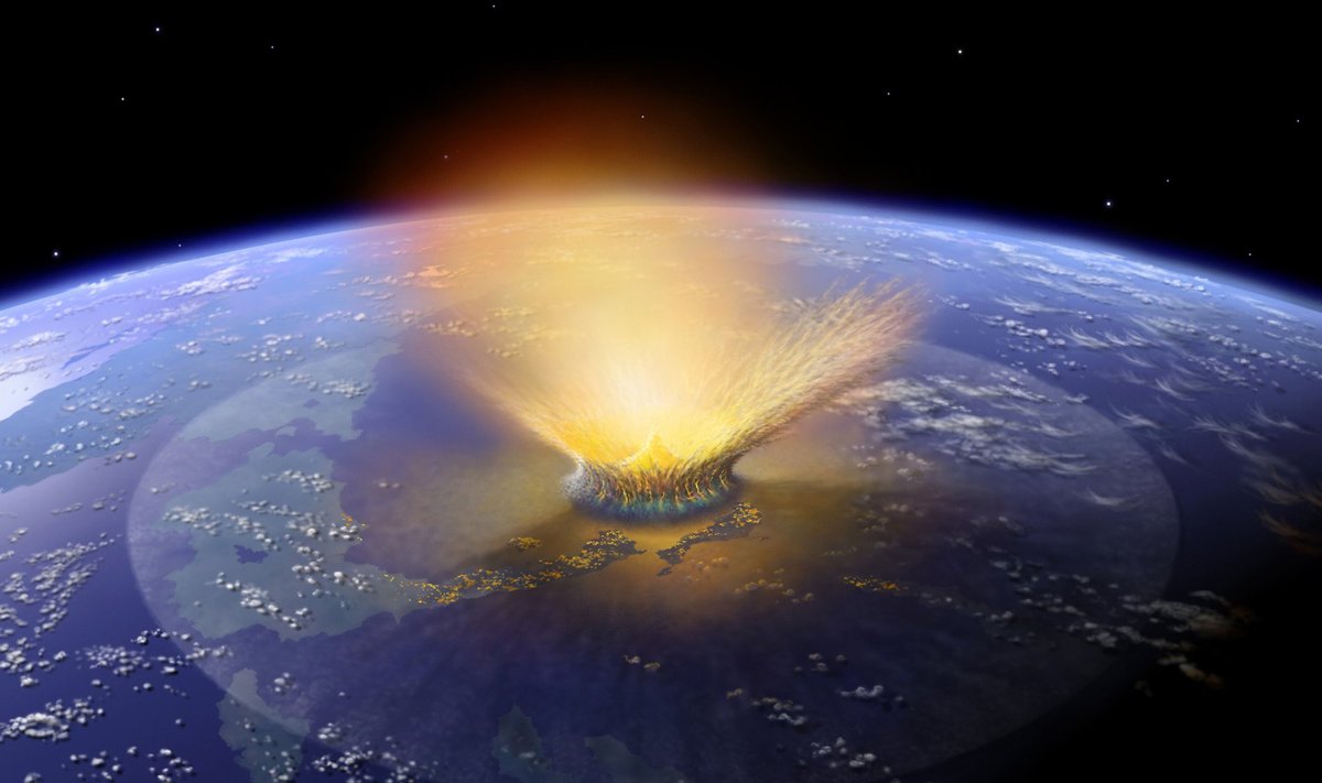 An artist's depiction of a huge meteorite striking Earth 65 million years ago
