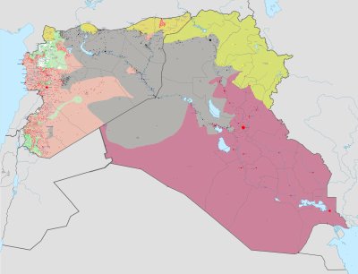 Islamiriigi (tumehalli) ja al-Qaida (valge) kontrollitavad alad Iraagis ja Süürias.