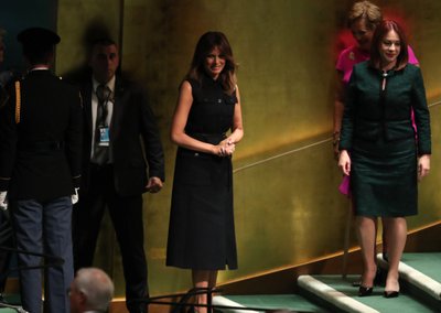 First lady Melania Trump waits for U.S. President Trump to depart after he addressed the United Nations General Assembly in New York