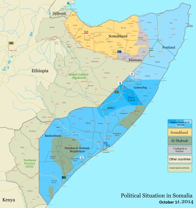 Al-Shabaabi kontrollitav ala Somaalias tähistatud tumehalliga.