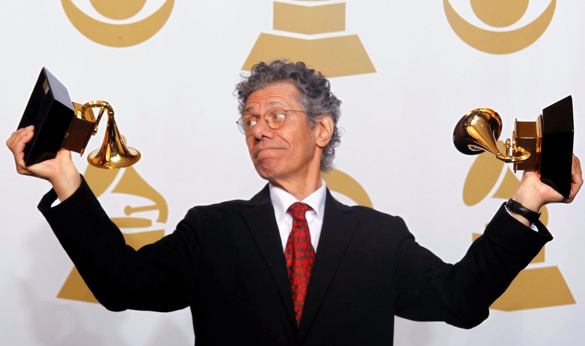 FILE PHOTO: Musician Chick Corea holds his awards for Best Improvised Jazz Solo and Best Jazz Instrumental Album in Los Angeles