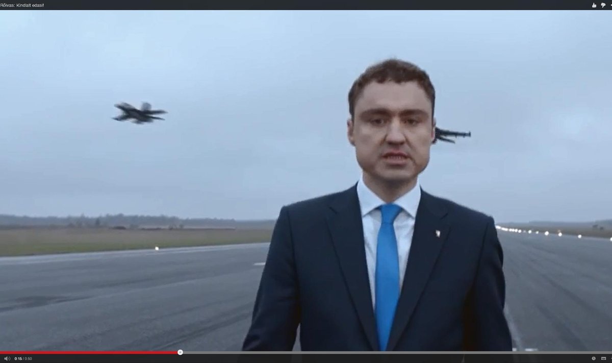 Kaader Reformierakonna valimisreklaamist, mis filmiti Ämari lennubaasi maandumisrajal