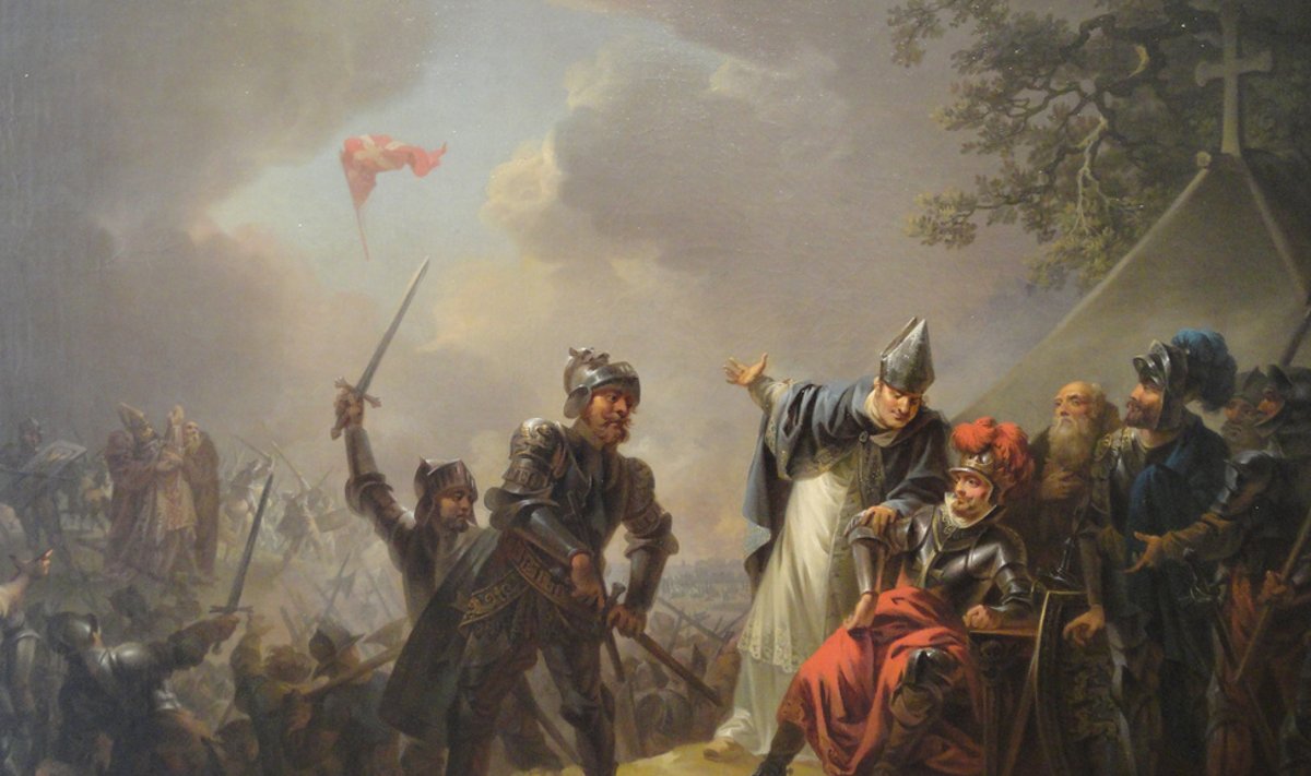 LINDANISE LAHING: Christian August Lorentzeni maal "Dannebrogi ilmumine Lindanise lahingus". Istuv mees on Valdemar II.