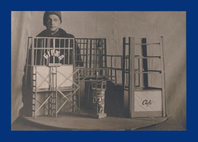 AWARD-WINNING STAGE DESIGNER: Vadym Meller with a set model for the play Secretary of the Labour Union by the Berezil Artistic Association. 1924.