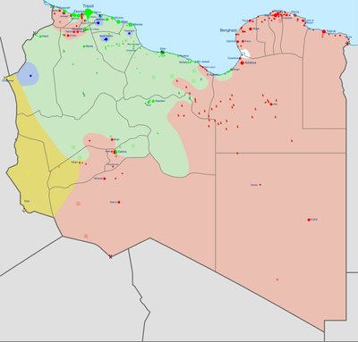 Sõjatanner Liibüas teisipäevase seisuga. Ühtsusvalitsus kontrollib rohelist ala.