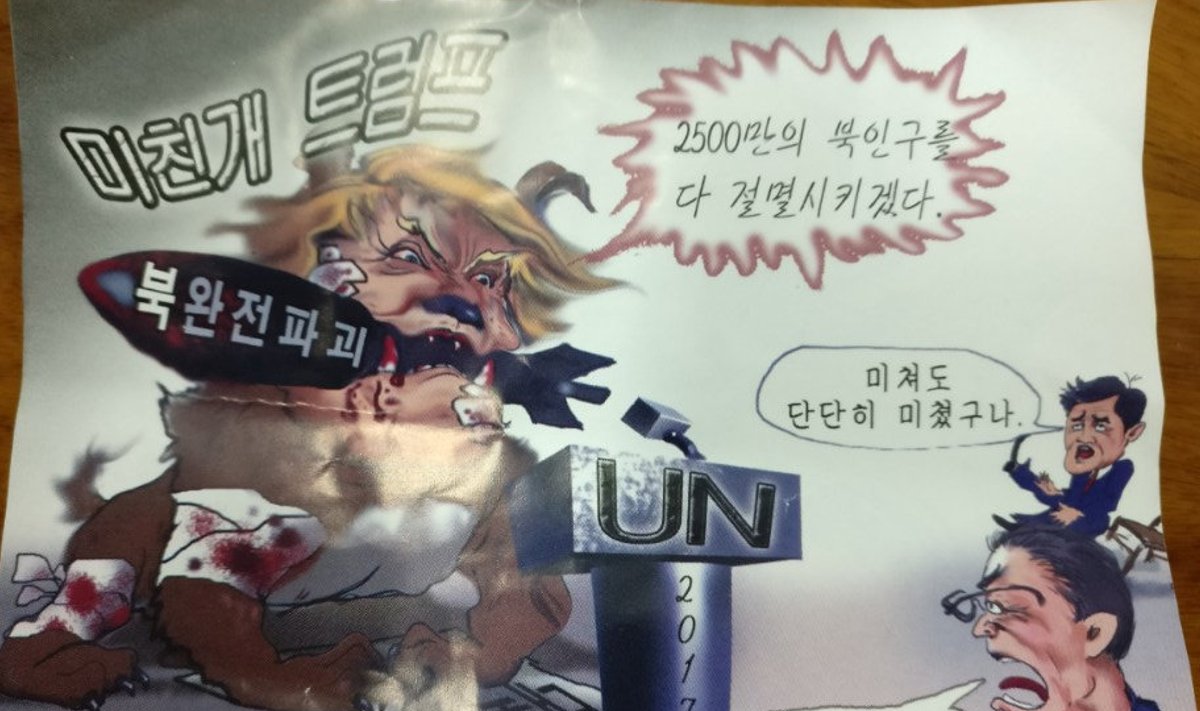 EIle Põhja-Koreast Lõuna-Koreasse lennutatud Donald Trumpi naeruvääristava karikatuuriga lendleht