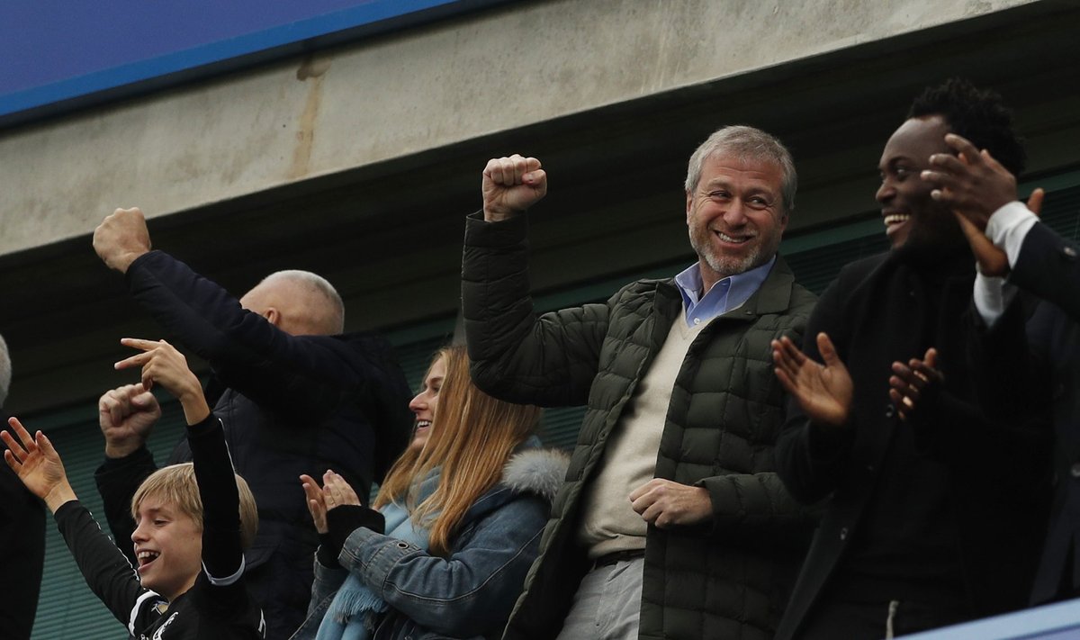 Chelsea owner Roman Abramovich celebrates their first goal scored by Marcos Alonso