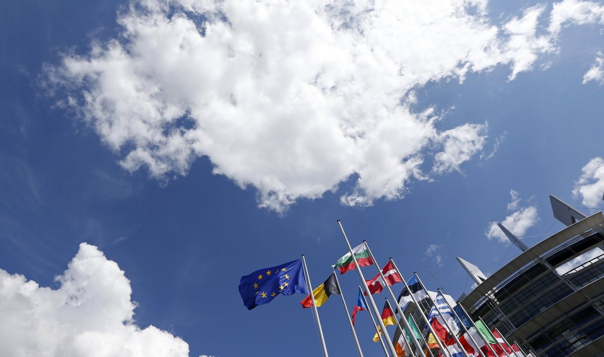 The flags of the European Union members states fly in front of the European Parliament in Strasbourg