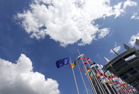 The flags of the European Union members states fly in front of the European Parliament in Strasbourg
