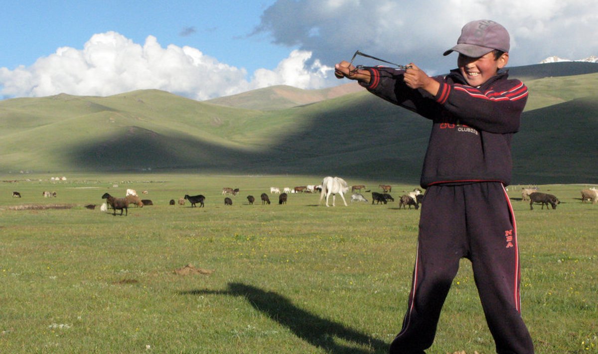 Kõrgõzstan. Karjuspoiss laseb 3000 meetri kõrgusel mägedes oma hobusekarja ees ragulkat.
