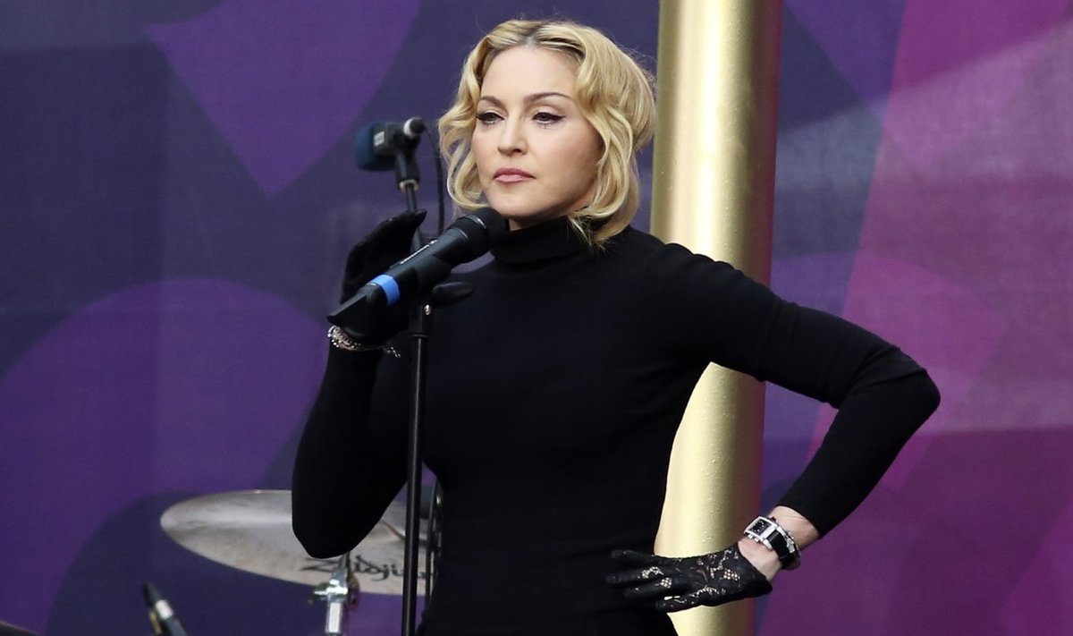 Singer Madonna speaks at "The Sound of Change" concert at Twickenham Stadium in London