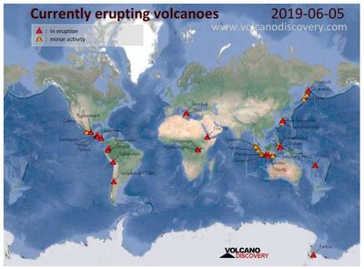 Kaardil on näidatud mõne päeva taguse seisuga kas purskavad või aktiivsust näitavad vulkaanid